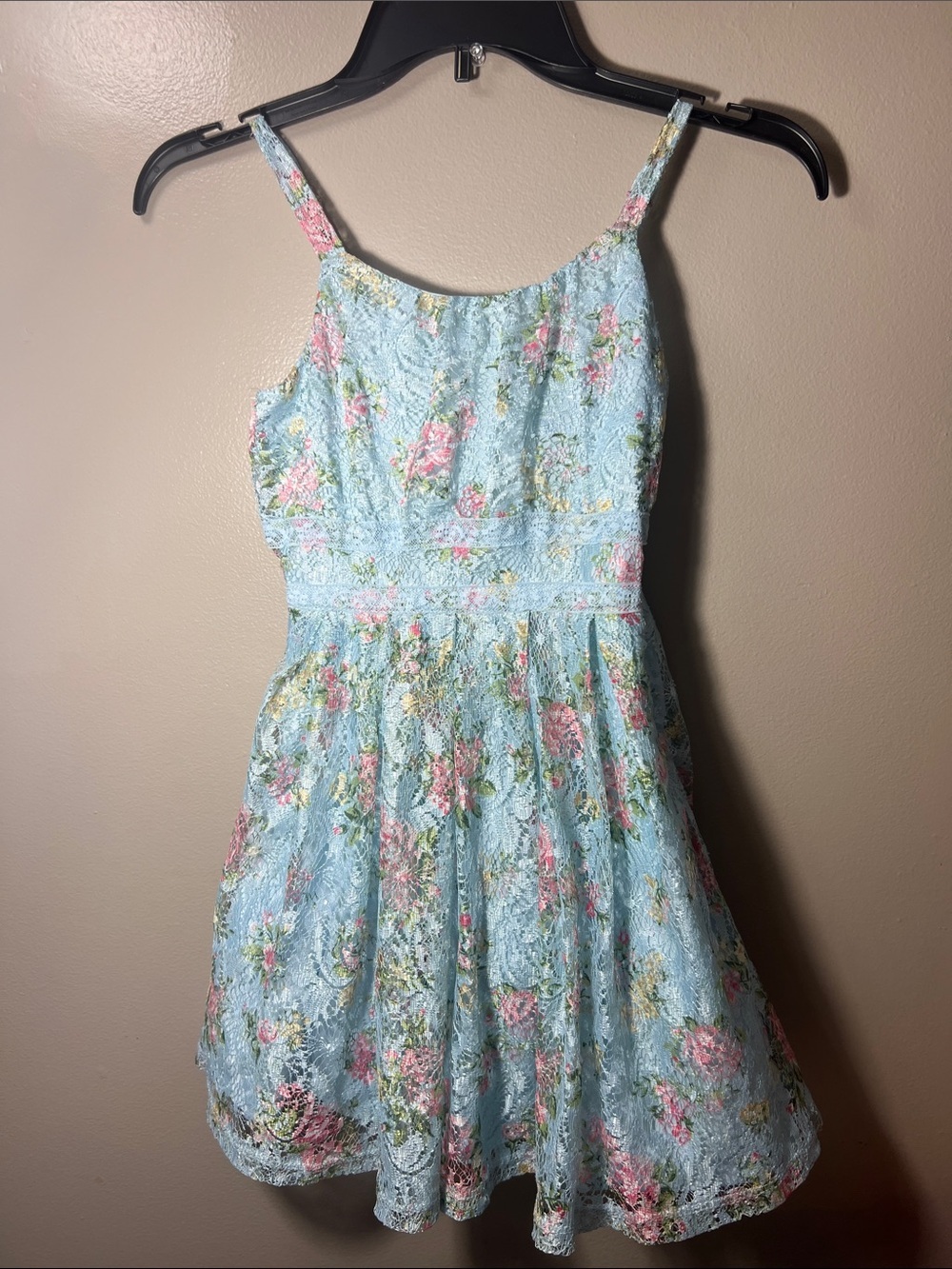 Knitworks Light Blue Floral Lace Spaghetti-Strap Dress